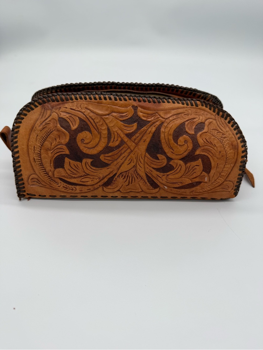 Hand-Tooled Tan Leather Cosmetic Bag